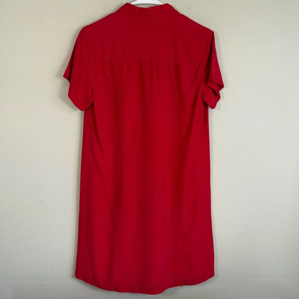 NY & Co 100% Silk Red Shirt Dress Size 10 Button Front Short Sleeve Knee‎ Length